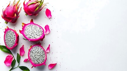 Wall Mural - Fresh Dragon Fruit Slices and Whole Fruit on White Background