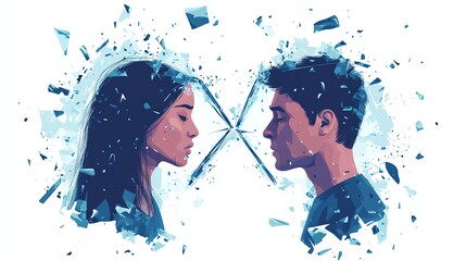 A conceptual illustration of two faces facing each other, surrounded by shattered glass, symbolizing emotions and connection.