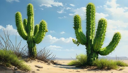 Vibrant green cactus with multiple arms rising elegantly from golden sand dunes