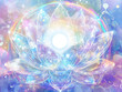 © Forest - A crystal lotus with a glowing white sun at its center, surrounded by light dots and blue lighting radiating out from the crystal. A rainbow circle of mysterious patterns encircles the lotus