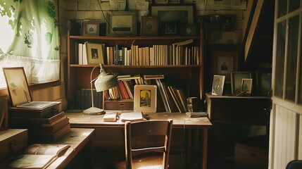 Cozy home office, Bookshelf with books, wooden writing desk adorned with family photographs and plants.