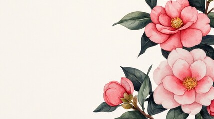 Wall Mural - Watercolor Camellia Flowers Border.