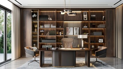 Cozy home office, Bookshelf with books, wooden writing desk adorned with family photographs and plants.