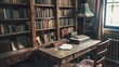 © 笑笑 刘 - Cozy home office, Bookshelf with books, wooden writing desk adorned with family photographs and plants.