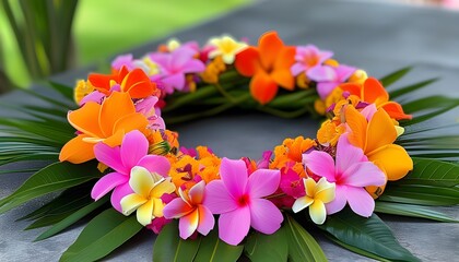 Wall Mural - Colorful Hawaiian flower lei of pink, orange, and yellow blossoms, symbolizing welcome and celebration, beautifully arranged in a circular design