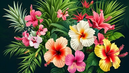 Wall Mural - Tropical Paradise of Vibrant Pineapple and Hibiscus Flower Surrounded by Lush Greenery