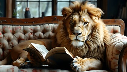 Wall Mural - Majestic lion engrossed in book on a cozy sofa, embodying the pursuit of knowledge in the world of generative AI