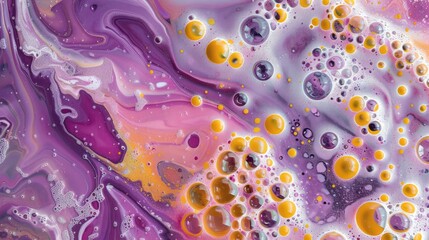 Canvas Print - Vibrant abstract design featuring purple and yellow soap bubbles interacting with paint, ideal for colorful backgrounds and creative projects.


