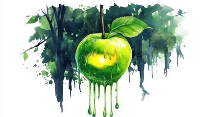 Wall Mural - Melted Green Apple Watercolor Illustration.