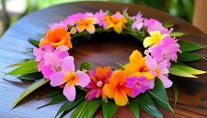 Wall Mural - Colorful Hawaiian flower lei of pink, orange, and yellow blossoms, symbolizing welcome and celebration, beautifully arranged in a circular design