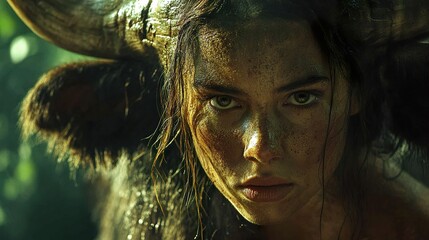 Poster - Intense Portrait of a Woman with Animal Horns