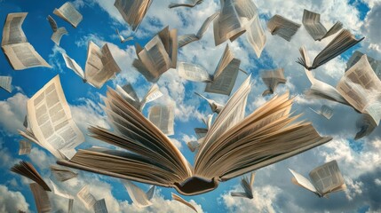 Wall Mural - Open book floating in the sky with other books around it.