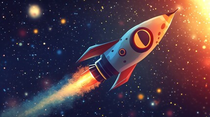 Wall Mural - a cartoon rocket flying through space, leaving a trail of smoke and fire.