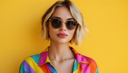 Wall Mural - Vibrant and cheerful Gen Z blonde woman in sunglasses and colorful shirt, exuding confidence and positivity against a bright yellow backdrop