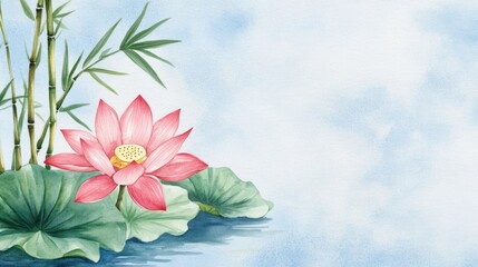 Poster - Watercolor Lotus Flower and Bamboo.