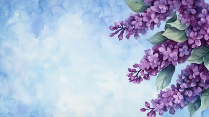 Poster - Watercolor Lilac Flowers on Blue Background.