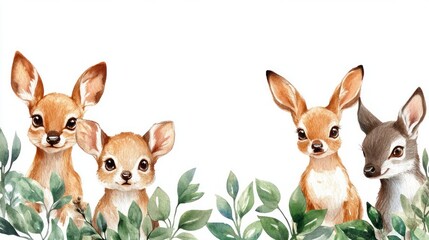 Wall Mural - Watercolor Cute Deer Family with Leaves Border.