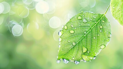 Single green leaf with water droplets on a blurred nature background, green leaf, fresh and natural