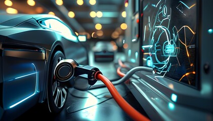 Wall Mural - Innovative Close-Up of Electric Car Battery Charging, Showcasing Cutting-Edge EV Technology and Generative AI Solutions