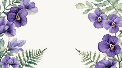 Wall Mural - Watercolor Purple Pansy Flower Frame with Green Fern Leaves.