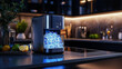 © Phunnada - a photostock image of a compact home ice maker in augmented reality, with ice type options, production capacity, and water reservoir details in a digital kitchen