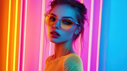 Wall Mural - Close up portrait of young woman with bright neon light and stylish glasses.