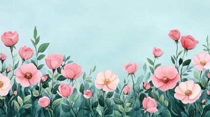 Poster - Watercolor Pink Flowers Border on Blue Background.