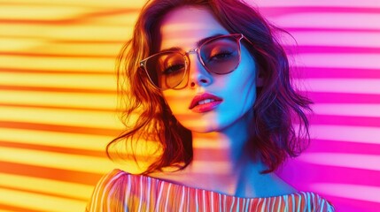 Poster - A young woman with short, dark hair is wearing sunglasses. She is in front of a bright yellow and pink striped background.