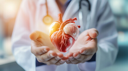 A doctor holds a red heart in his hands. Concept of care and compassion, as the doctor is likely holding the heart for a patient or a loved one. The red color of the heart symbolizes love