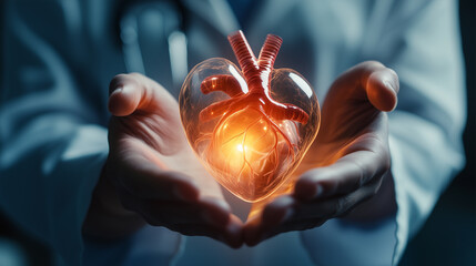 A doctor holds a red heart in his hands. Concept of care and compassion, as the doctor is likely holding the heart for a patient or a loved one. The red color of the heart symbolizes love