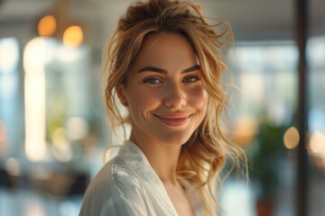 Beautiful smiling blond woman with blue eyes is posing in a bright blurred background