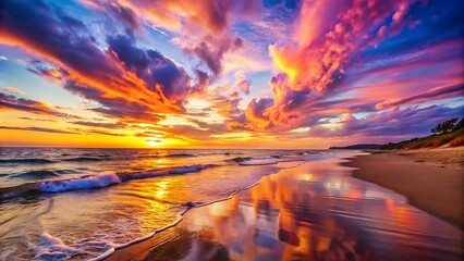 The image shows a stunning view of a beach at sunset, with the golden light of the setting sun reflecting on the calm waters of the ocean. The sky is ablaze with fiery hues of pink, orange and purple