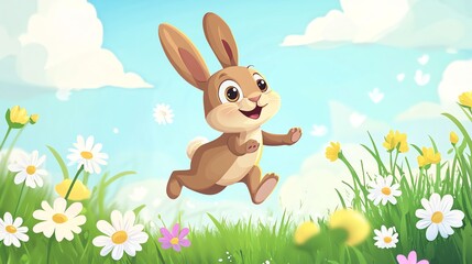 A cute cartoon bunny hops through a field of daisies and wildflowers.