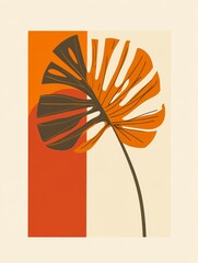 Poster - A detailed depiction of a monstera leaf blends seamlessly with bold orange and cream tones, creating a striking visual effect