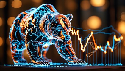 Wall Mural - Dynamic bear sculpture illuminated by fire, representing bearish trends in the stock market, enhanced by AI-generated visuals