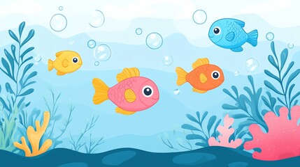 Wall Mural - A cute cartoon illustration of colorful fish swimming in the ocean with bubbles and seaweed.