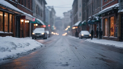 Low angle view of a European city road in winter with blur snowfall town background.