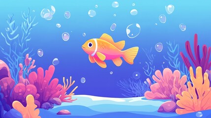 Wall Mural - Cartoon illustration of a colorful fish swimming among bubbles and coral.