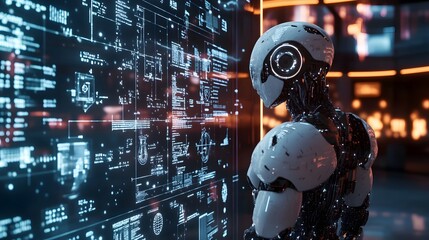 Poster - A futuristic robot analyzes data on a digital display.