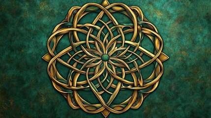 Wall Mural - Golden Intertwined Pattern on Green Background