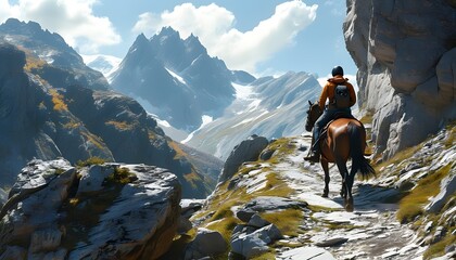 Wall Mural - Fearless rider tackling a rocky trail against a stunning mountain backdrop, embodying the spirit of adventure riding