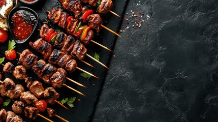 Wall Mural - Succulent grilled skewers with vegetables on dark backdrop