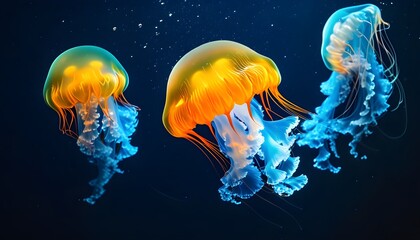 Sticker - Mesmerizing underwater dance of vibrant orange and blue jellyfish gliding gracefully through the deep, dark ocean