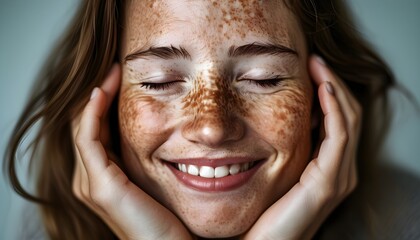 Poster - Joyful serenity of a person embracing happiness with closed eyes and a serene smile, hands pressed against freckled cheeks