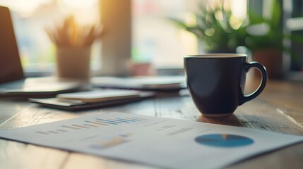 Wall Mural - Organized Desk with Business Charts and Coffee Cup Representing Morning