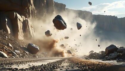 Wall Mural - Chaotic scene of falling rocks from a cliff beside a deserted road, enveloped by dust clouds creating a dramatic atmosphere