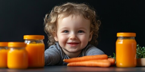 Poster - Happy child enjoys fresh carrots and jars of orange puree. The image showcases a joyful moment in a cozy kitchen. Perfect for parenting blogs or nutrition articles. AI