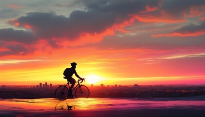 Poster - Silhouetted cyclist navigating a vibrant cityscape at sunset with striking orange and pink sky hues