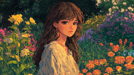 A girl is sitting in a garden with flowers. She is wearing a white shirt and has a flower in her hair