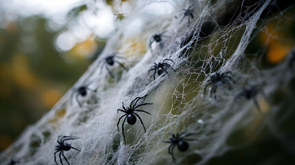 A fake spider web with plastic spiders scattered around it